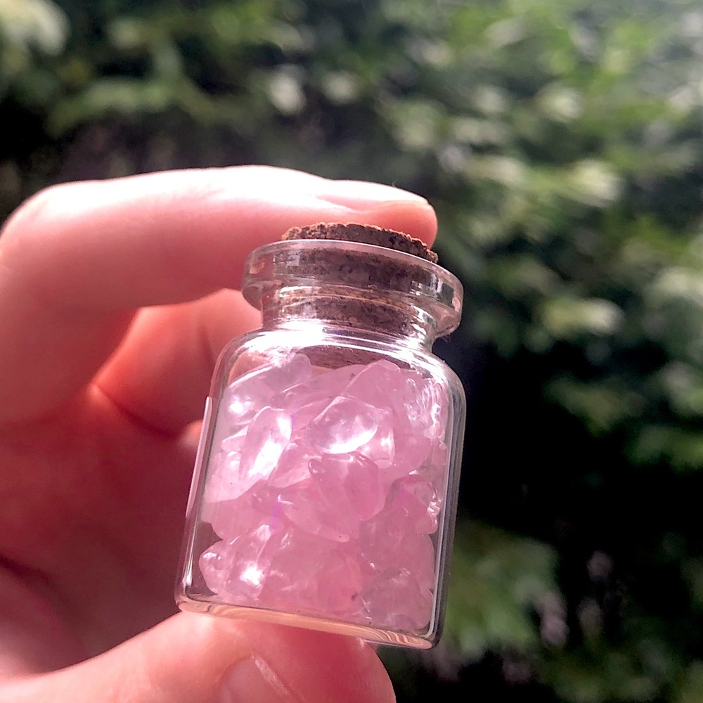 Tiny jar of pink quartz stones rocks cute crystals cork bottle